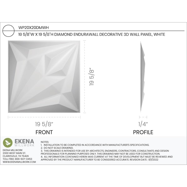 Diamond EnduraWall Decorative 3D Wall Panel, White, 19 5/8W X 19 5/8H